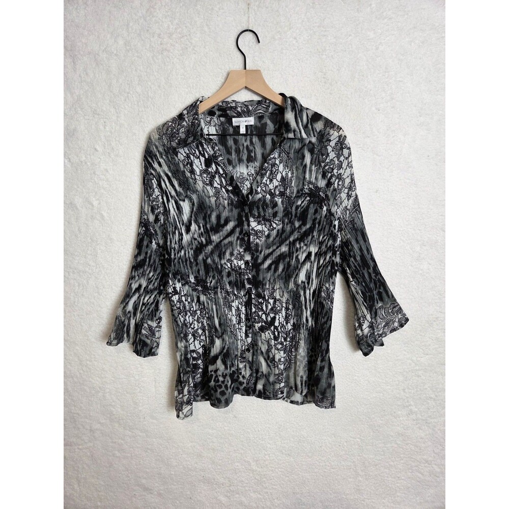 Womens Sheer Whimsigoth Tunic Top 1X Black Floral Button Front Bell Sleeve Blous